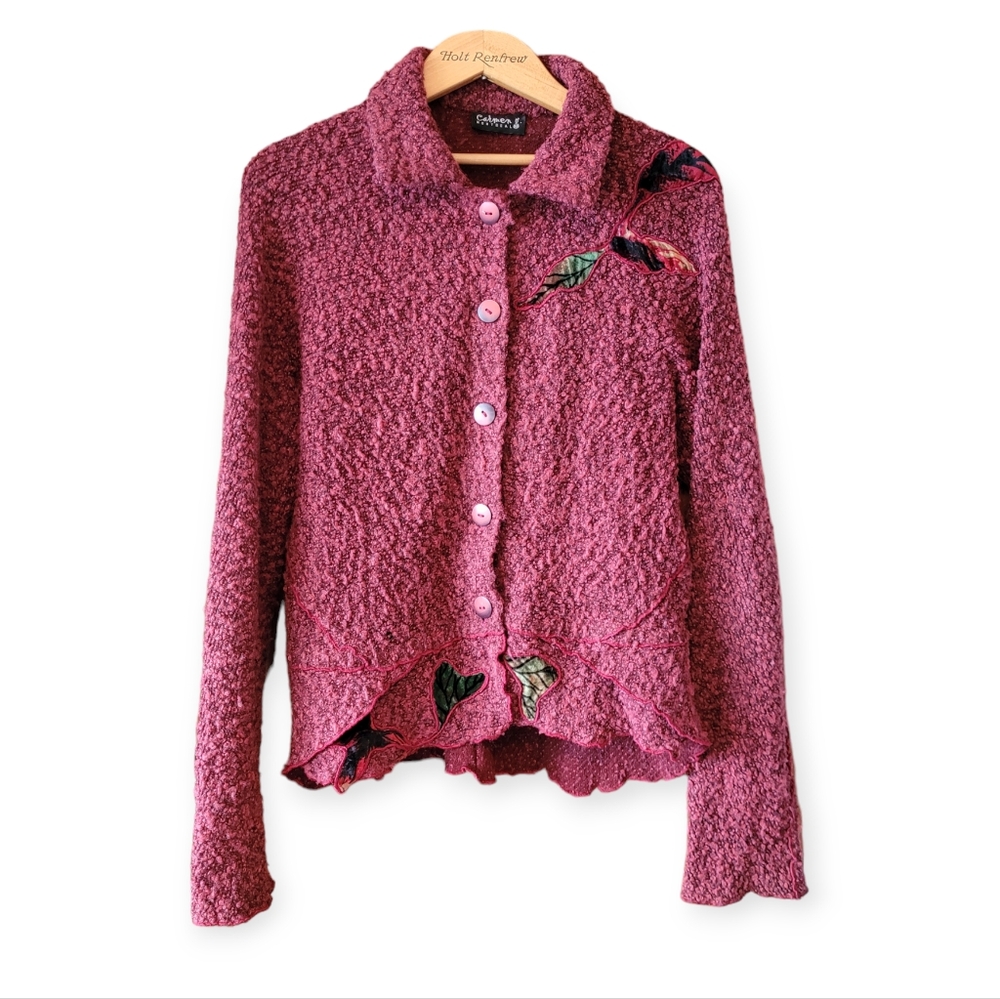 Vintage 90s Y2K Fairycore Whimsigoth Knit Cardigan Velvet Leaf Appliqué S/M - Picture 1 of 12